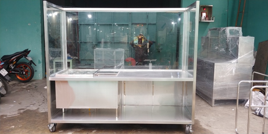 Quầy pha chế 2m có kính tích hợp nhiều công năng - Inox An (quán cà phê, quán bar, quán trà sữa)
