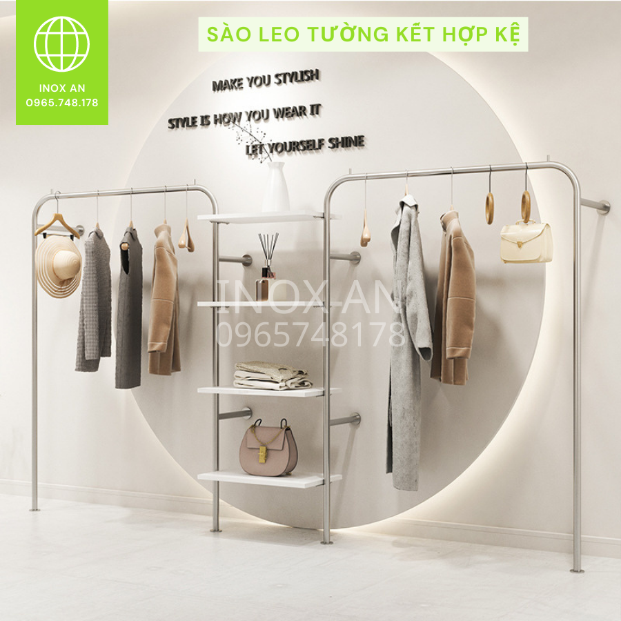 Sào treo quần áo kết hợp kệ trưng bày Inox An - inox 304 - Ván MFC An Cường